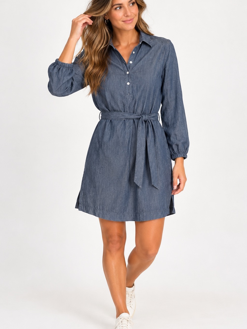 H&M L.O.G.G. Chambray Denim Shirt Dress Size 8 Belted Long Sleeve